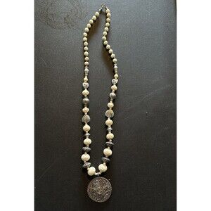 Vintage Long Necklace Beaded White Silver Medallion Long 16”